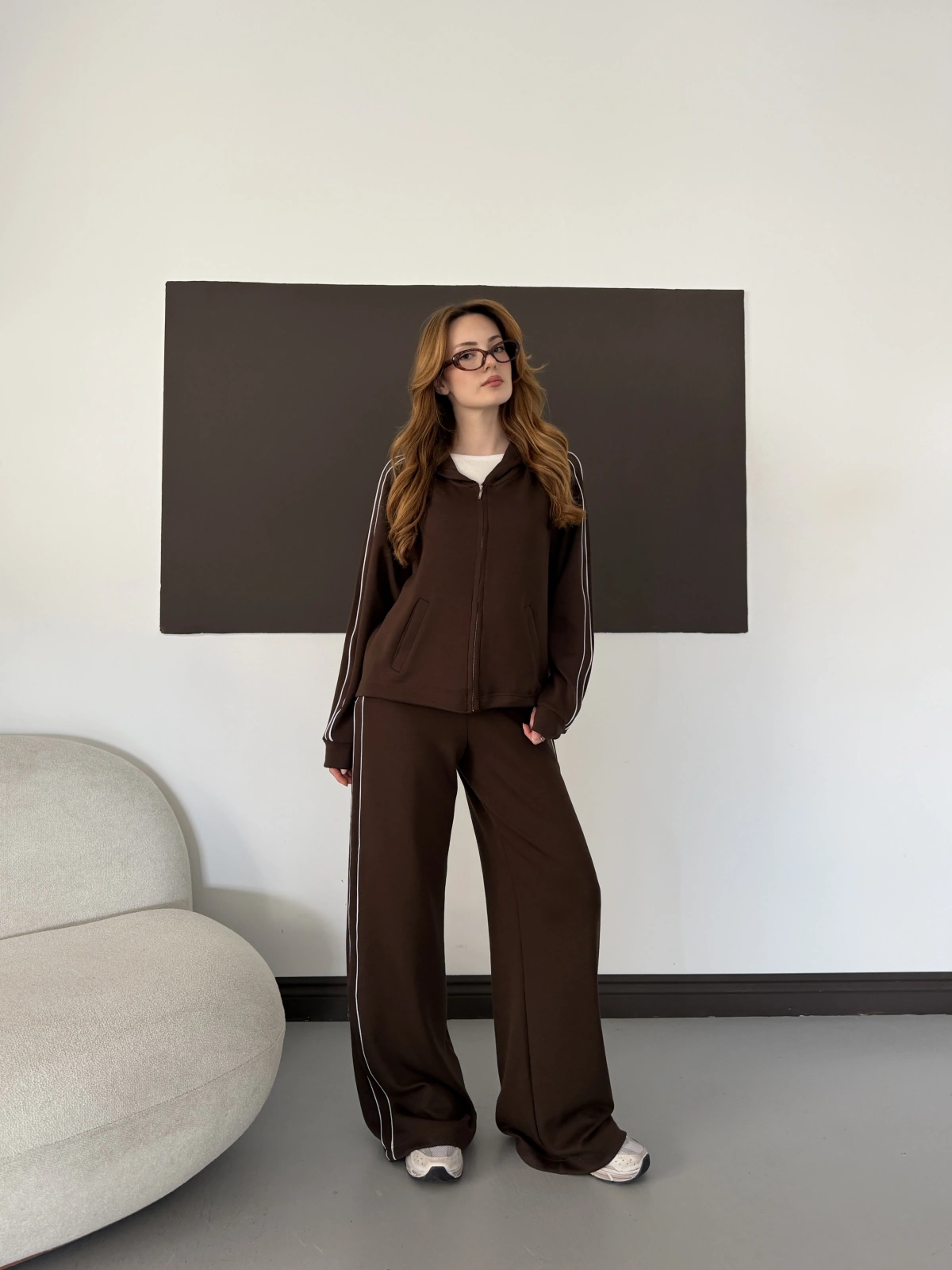 Biye Detaylı Kapüşonlu Oversize Takım Kahve
