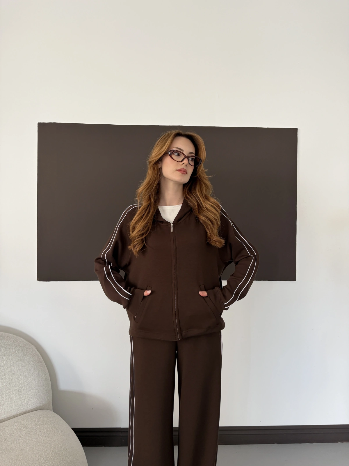 Biye Detaylı Kapüşonlu Oversize Takım Kahve