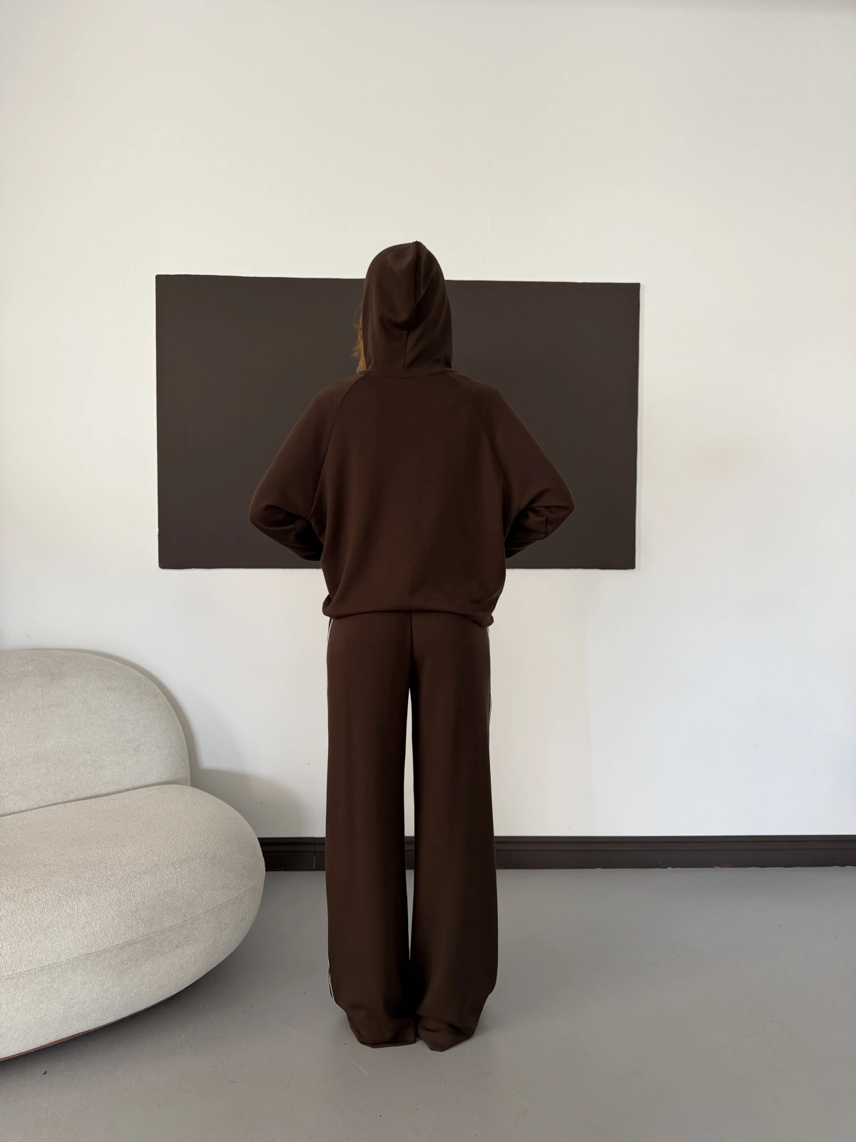 Biye Detaylı Kapüşonlu Oversize Takım Kahve