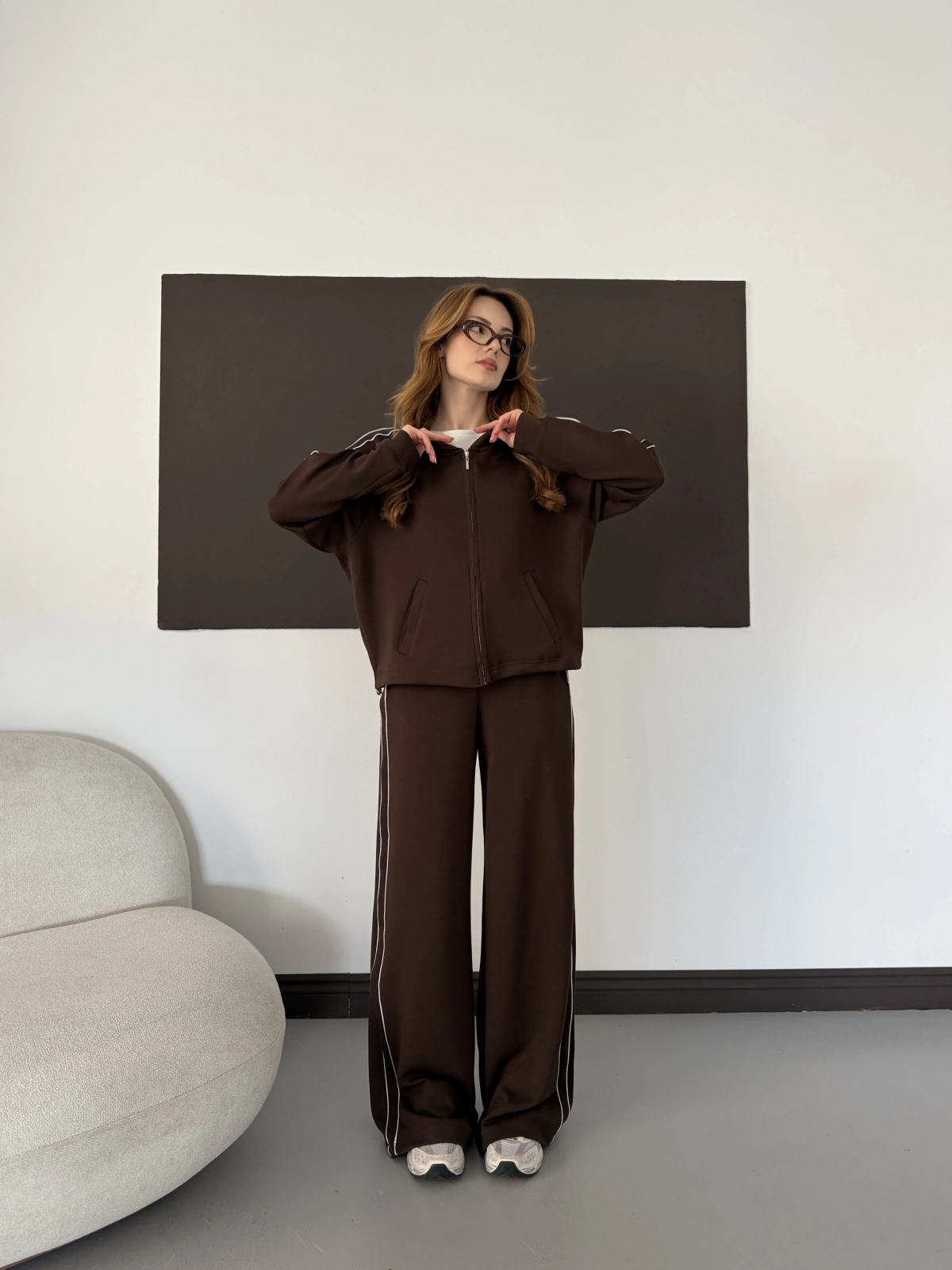 Biye Detaylı Kapüşonlu Oversize Takım Kahve