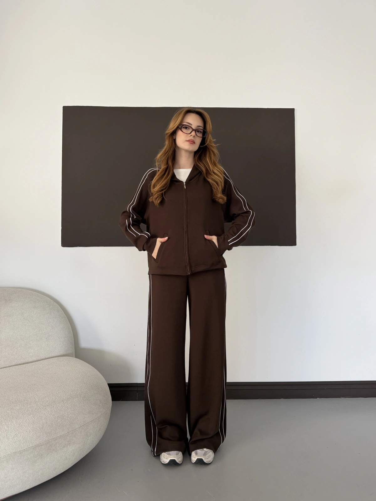 Biye Detaylı Kapüşonlu Oversize Takım Kahve