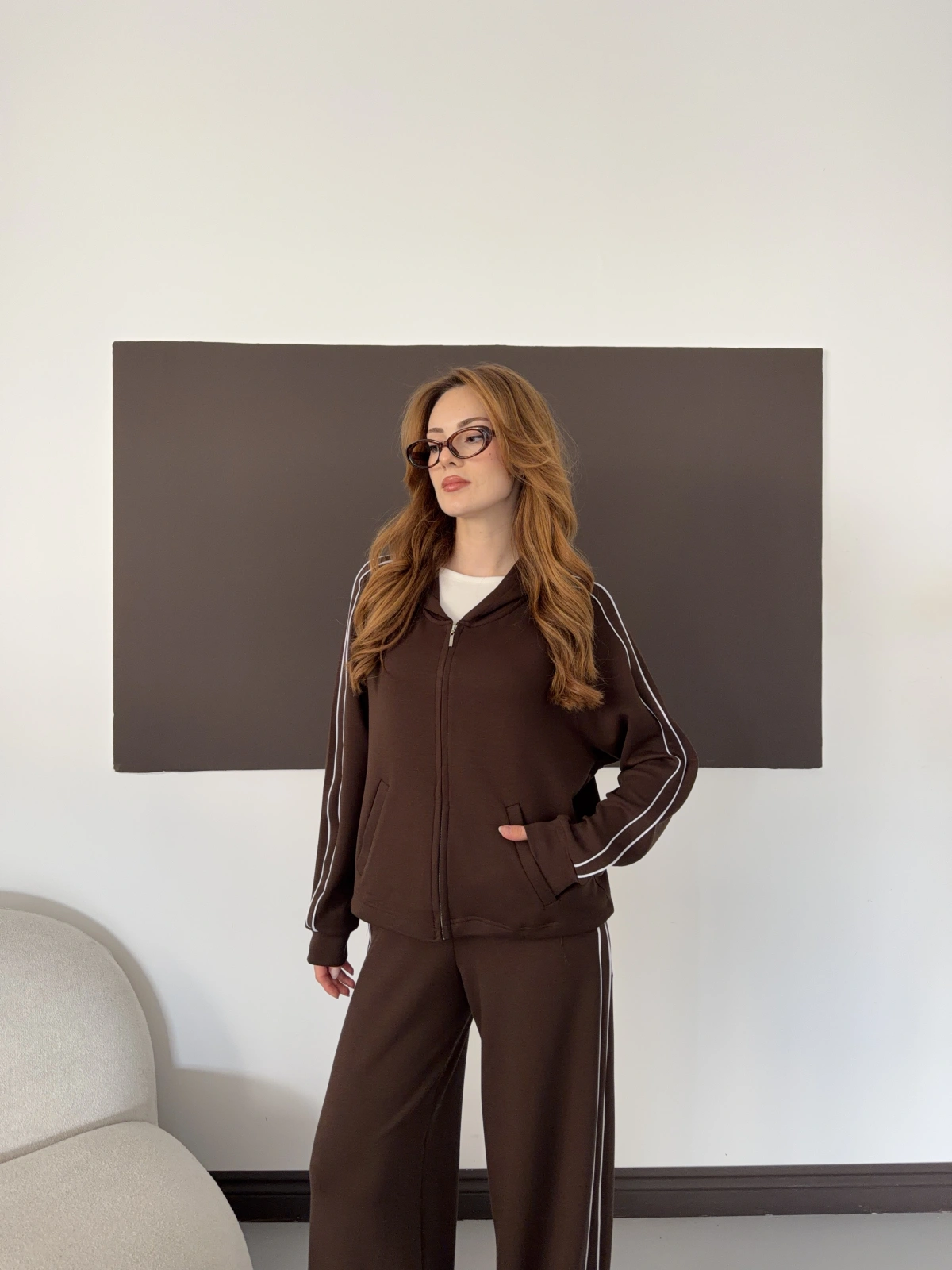 Biye Detaylı Kapüşonlu Oversize Takım Kahve