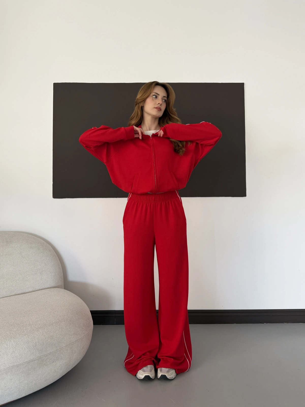 Biye Detaylı Kapüşonlu Oversize Takım Kırmızı