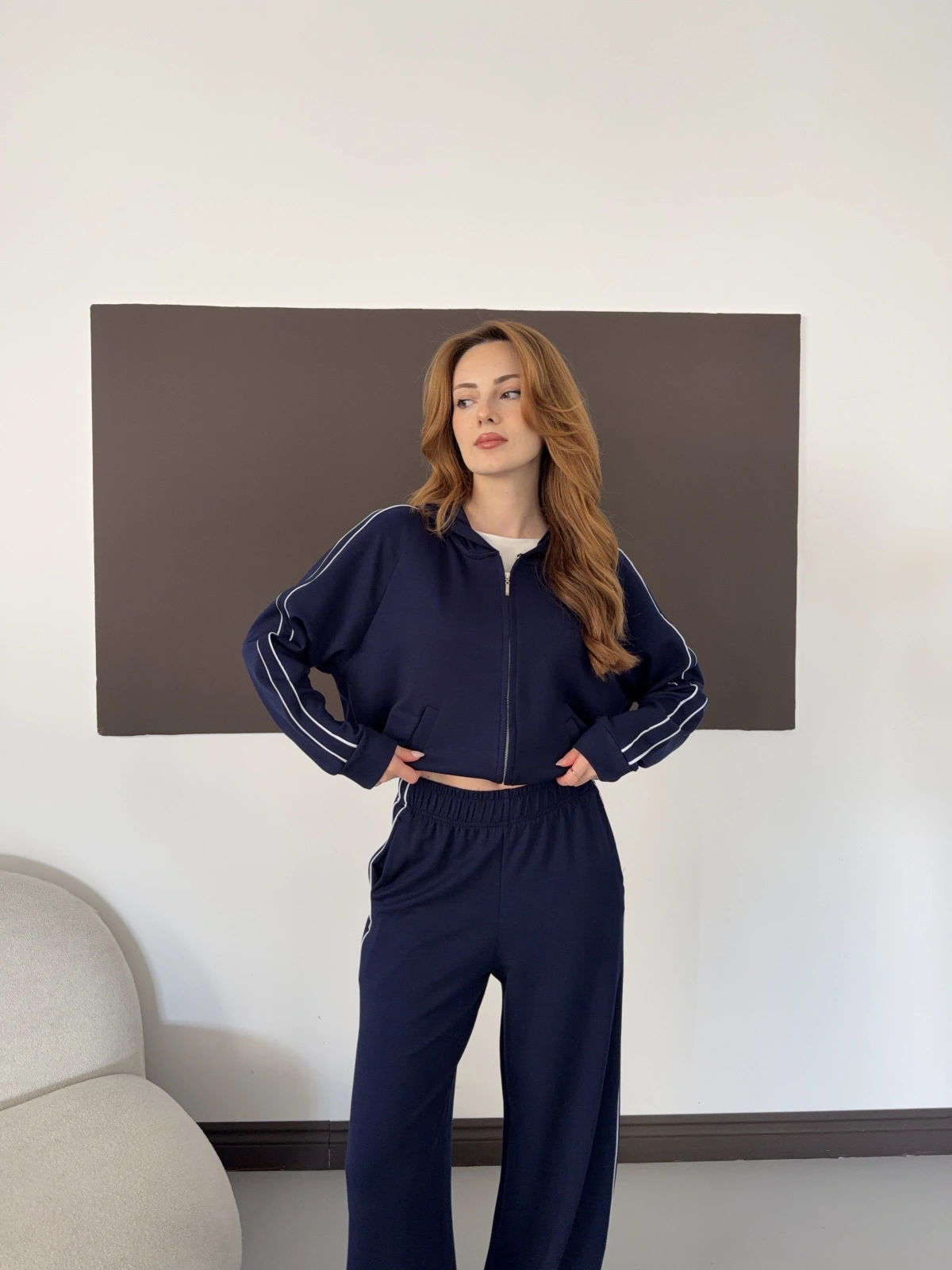 Biye Detaylı Kapüşonlu Oversize Takım Lacivert