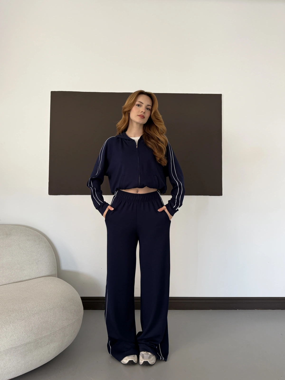 Biye Detaylı Kapüşonlu Oversize Takım Lacivert