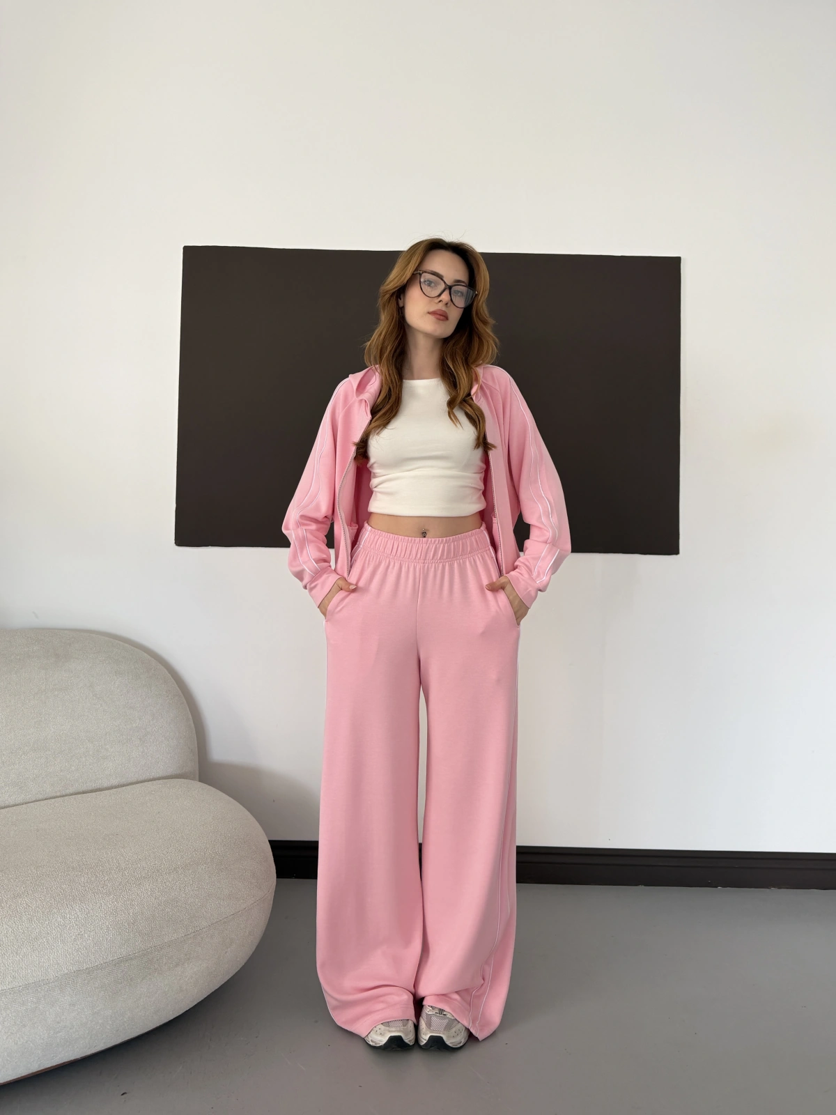 Biye Detaylı Kapüşonlu Oversize Takım Pembe