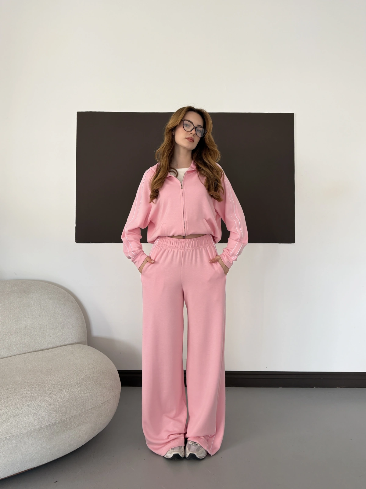 Biye Detaylı Kapüşonlu Oversize Takım Pembe