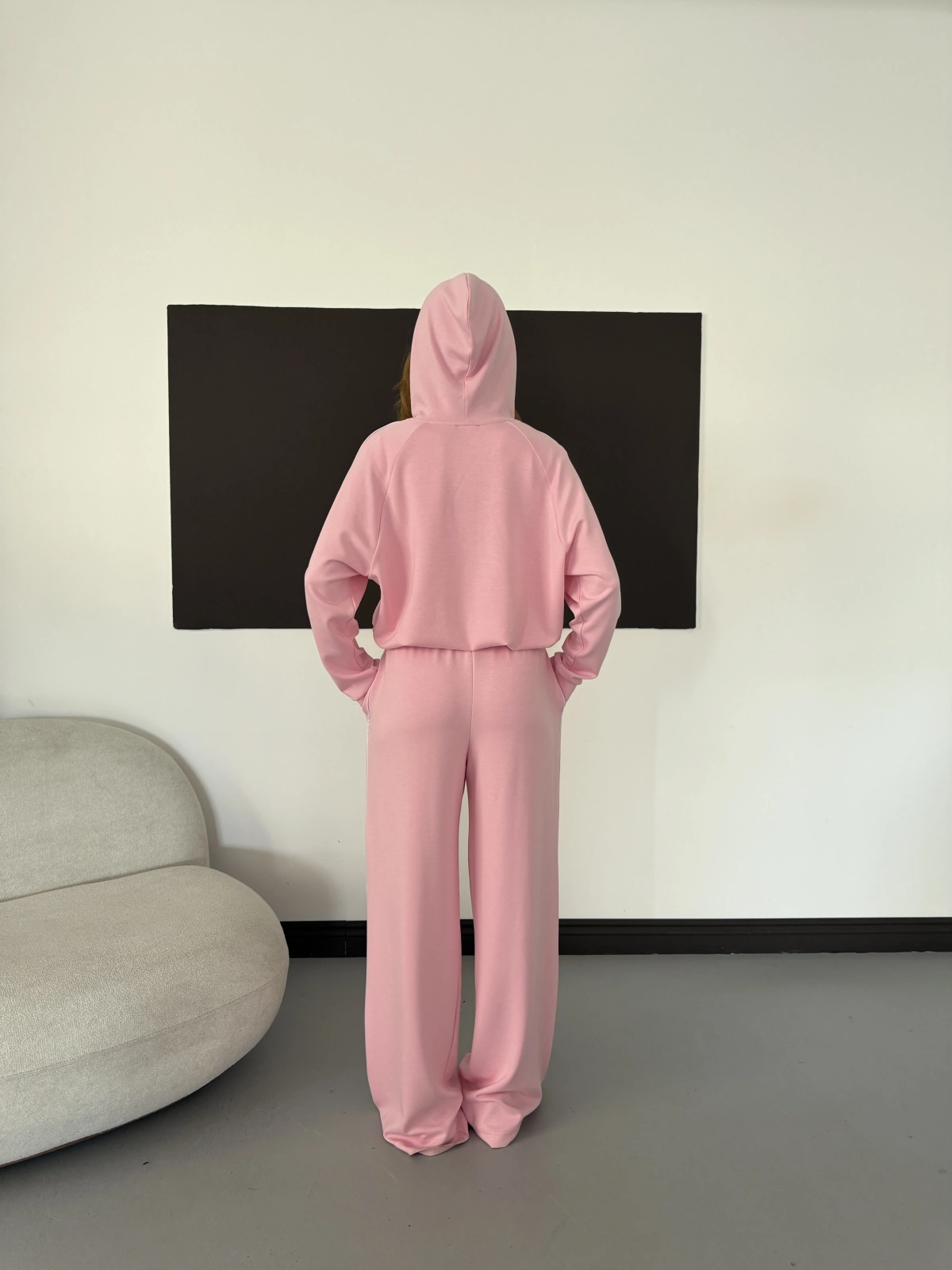 Biye Detaylı Kapüşonlu Oversize Takım Pembe