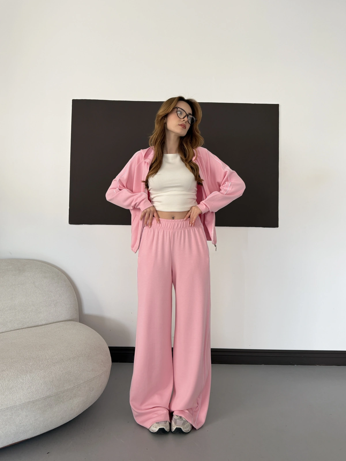 Biye Detaylı Kapüşonlu Oversize Takım Pembe