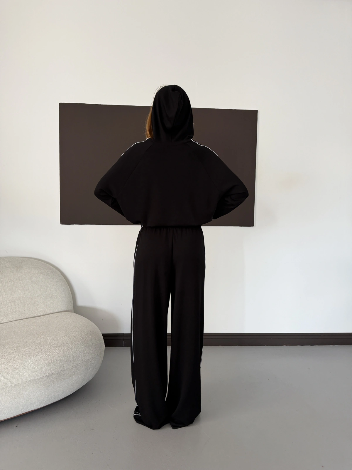 Biye Detaylı Kapüşonlu Oversize Takım Siyah