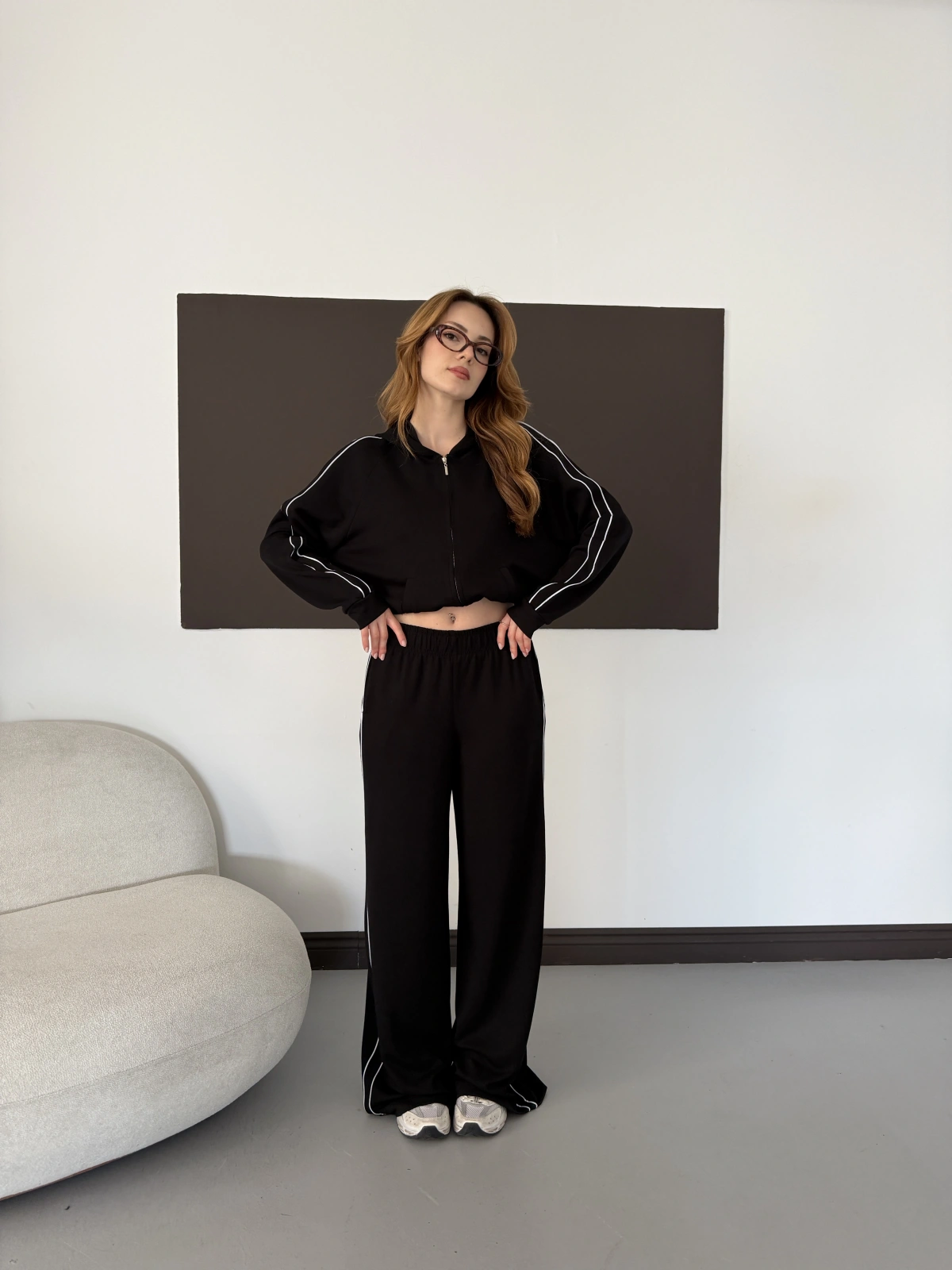 Biye Detaylı Kapüşonlu Oversize Takım Siyah