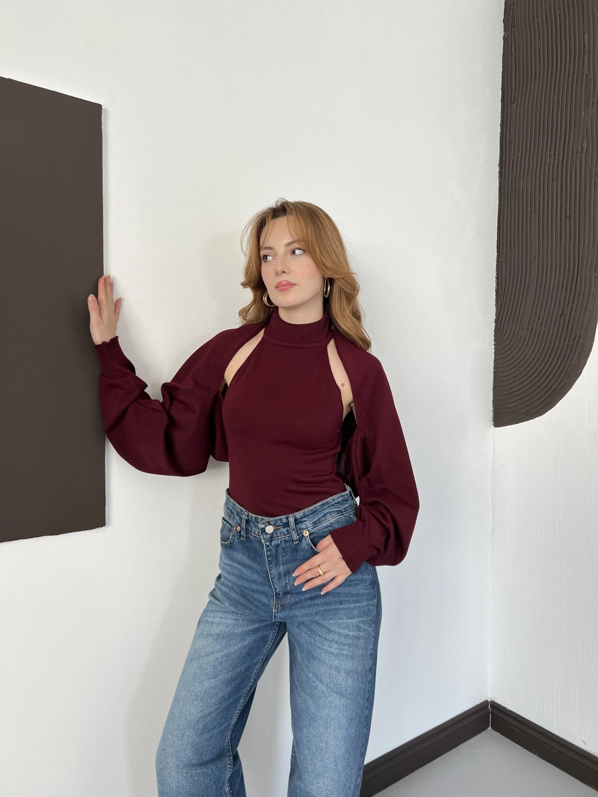 Bolero Detaylı Triko Takım Bordo