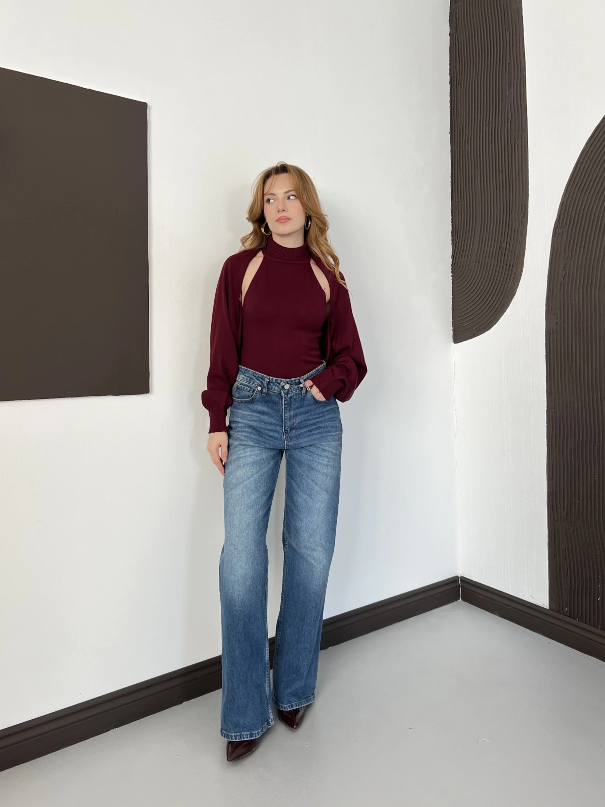 Bolero Detaylı Triko Takım Bordo