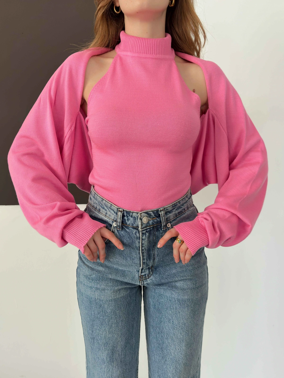 Bolero Detaylı Triko Takım Pembe