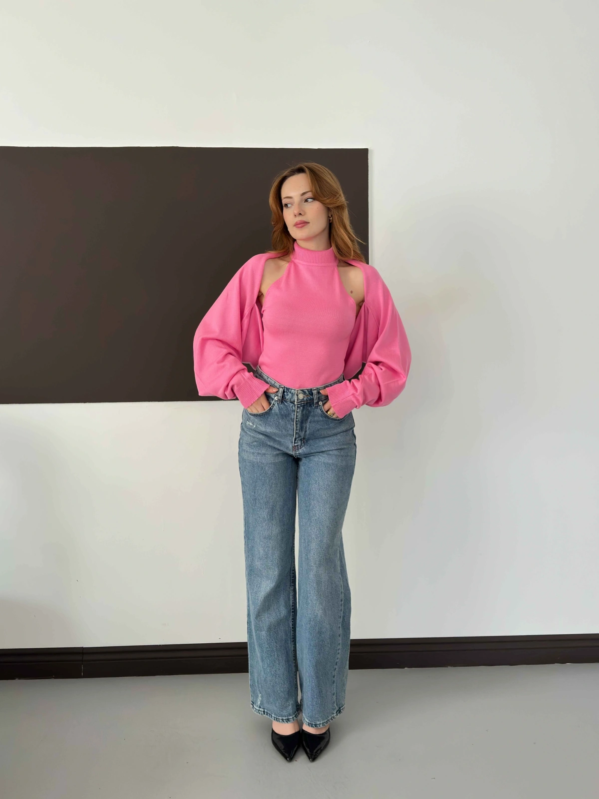 Bolero Detaylı Triko Takım Pembe