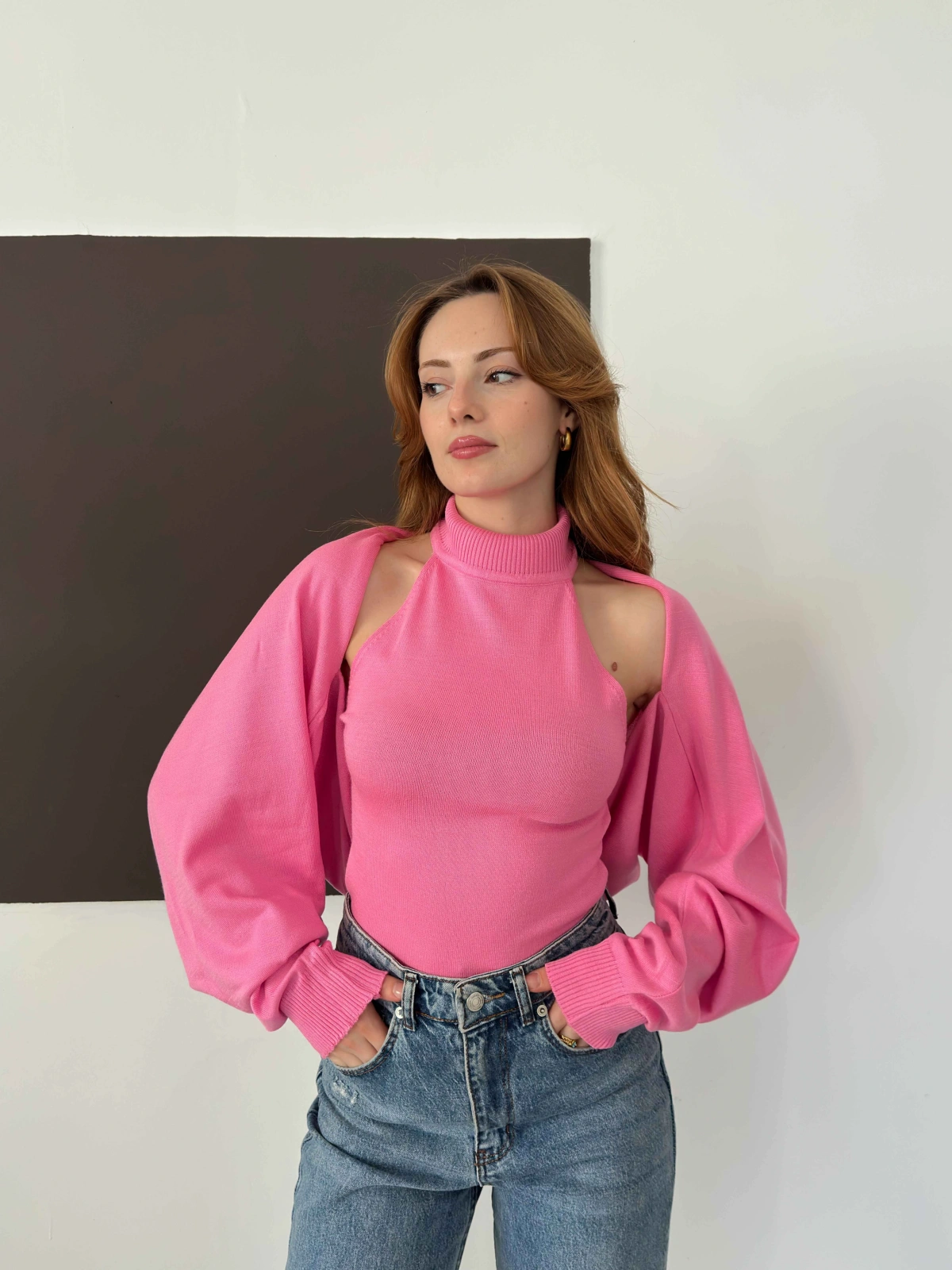 Bolero Detaylı Triko Takım Pembe
