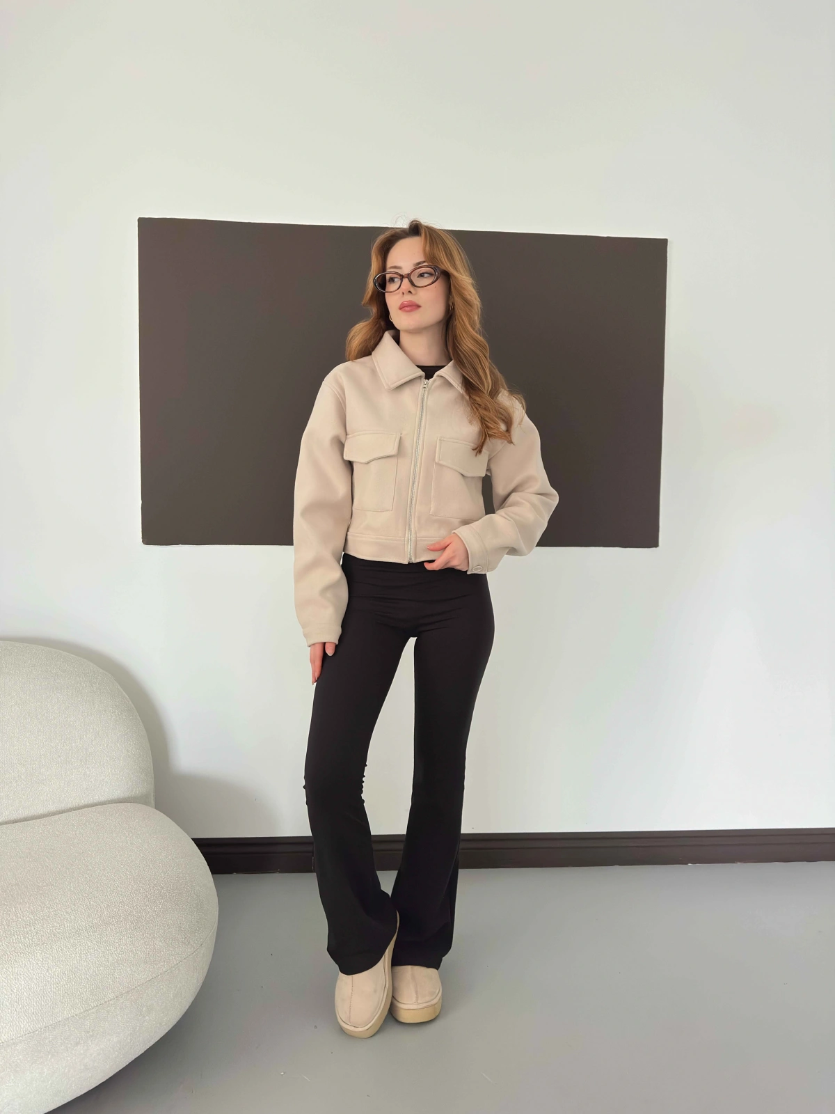 Cep Detaylı Crop Kaşe Ceket Bej