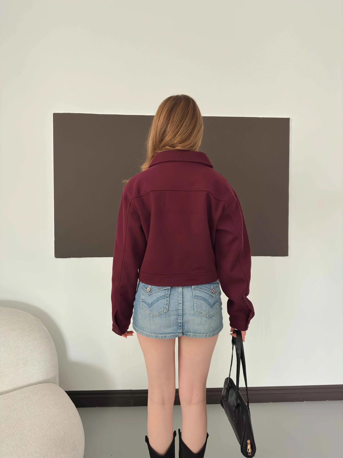 Cep Detaylı Crop Kaşe Ceket Bordo