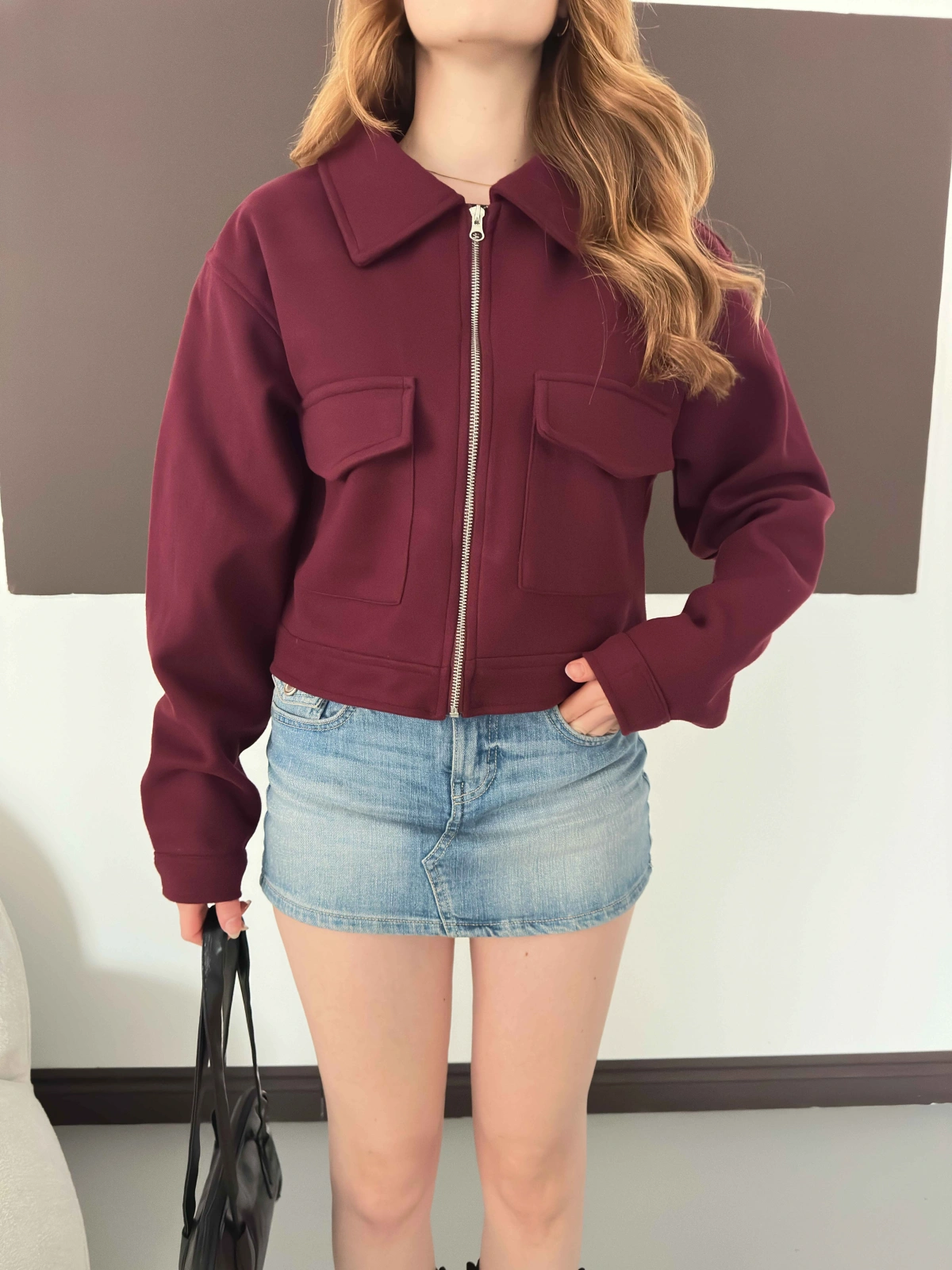 Cep Detaylı Crop Kaşe Ceket Bordo