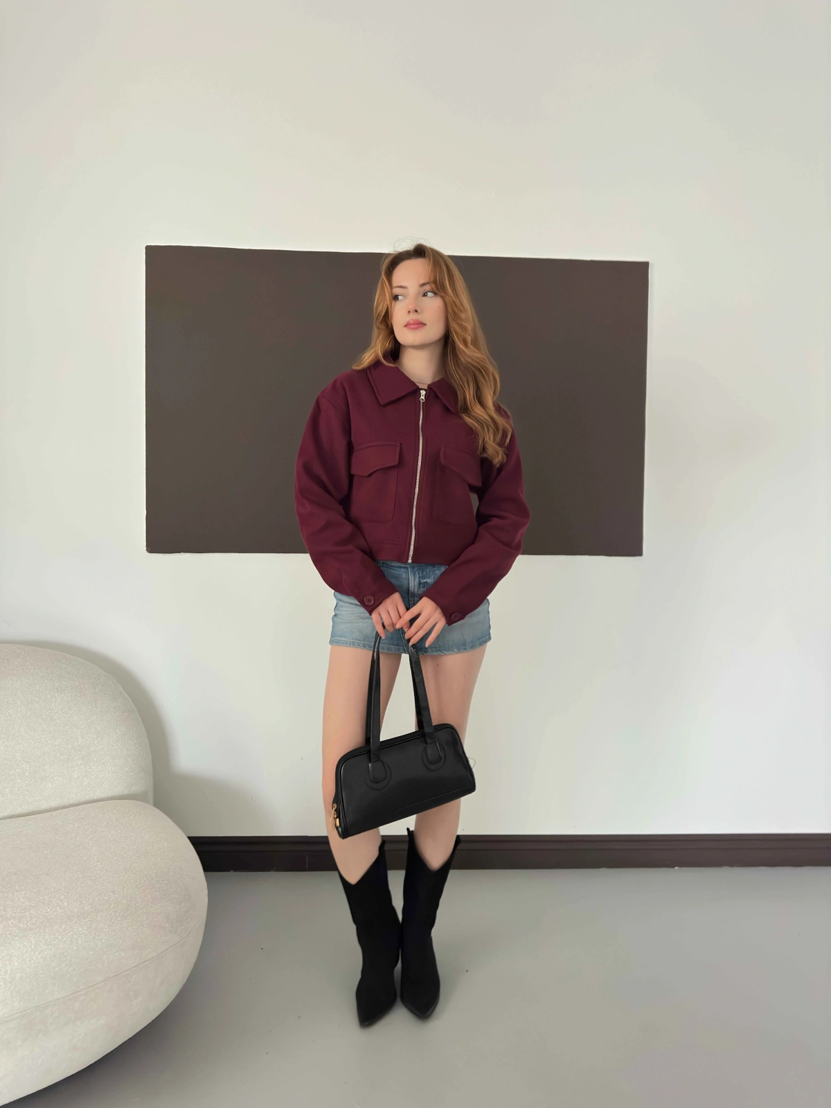 Cep Detaylı Crop Kaşe Ceket Bordo