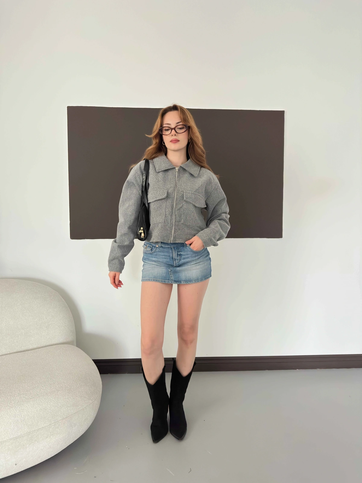 Cep Detaylı Crop Kaşe Ceket Gri