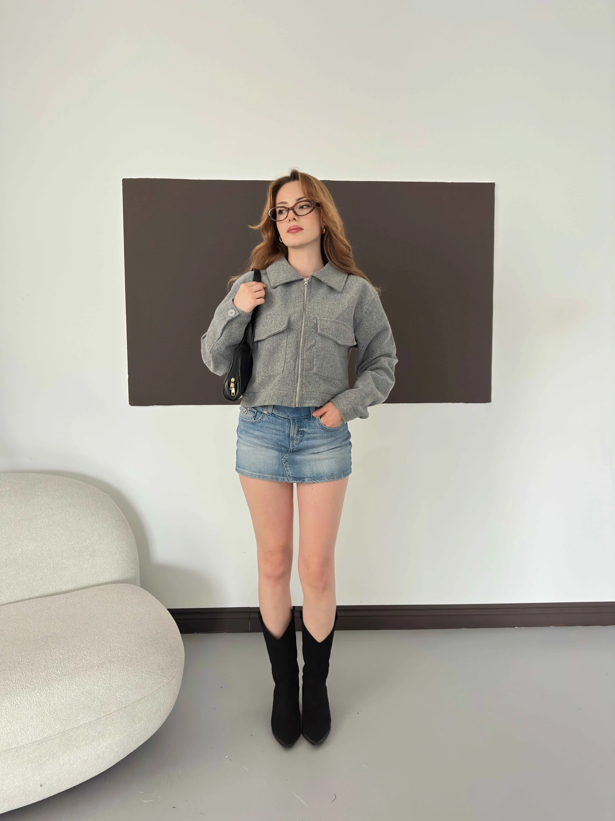 Cep Detaylı Crop Kaşe Ceket Gri