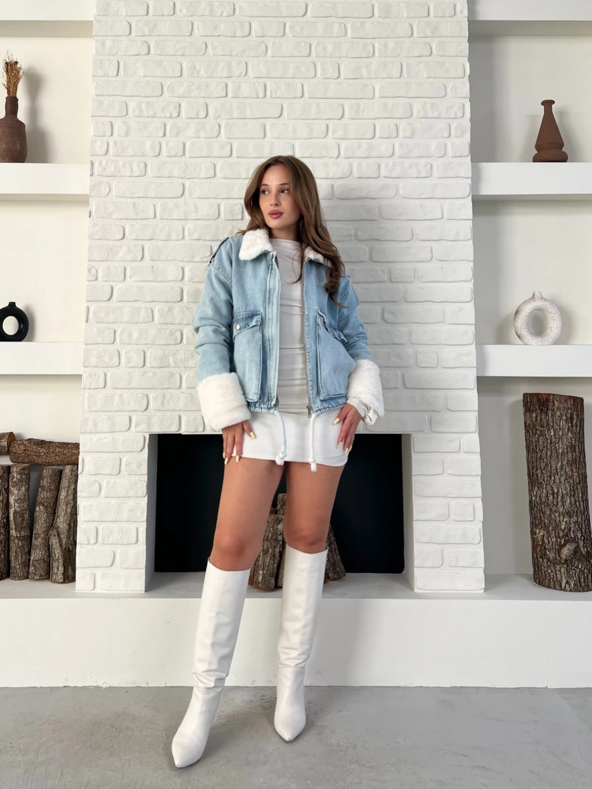 Cep Detaylı Peluş Denim Ceket Mavi