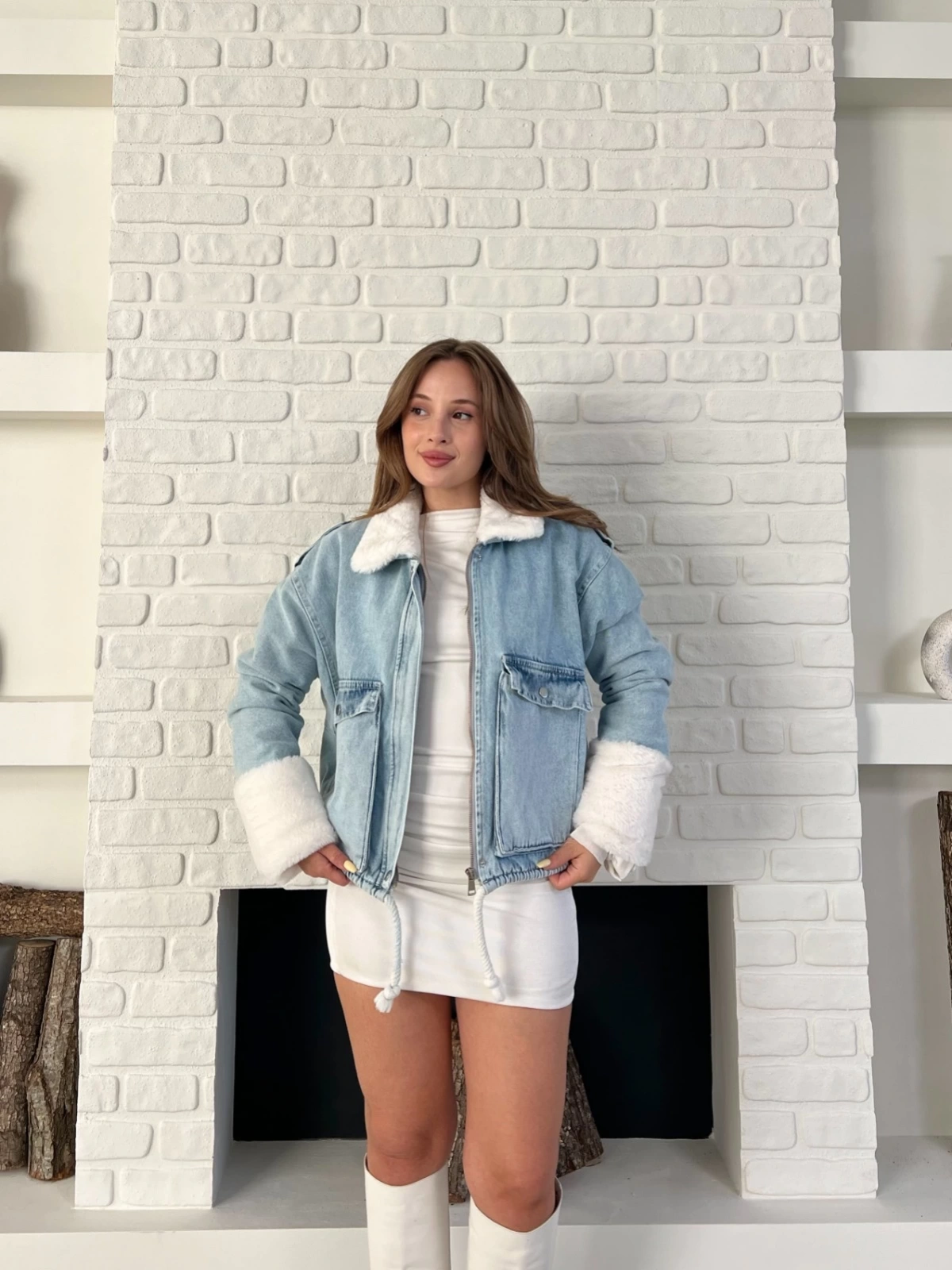 Cep Detaylı Peluş Denim Ceket Mavi