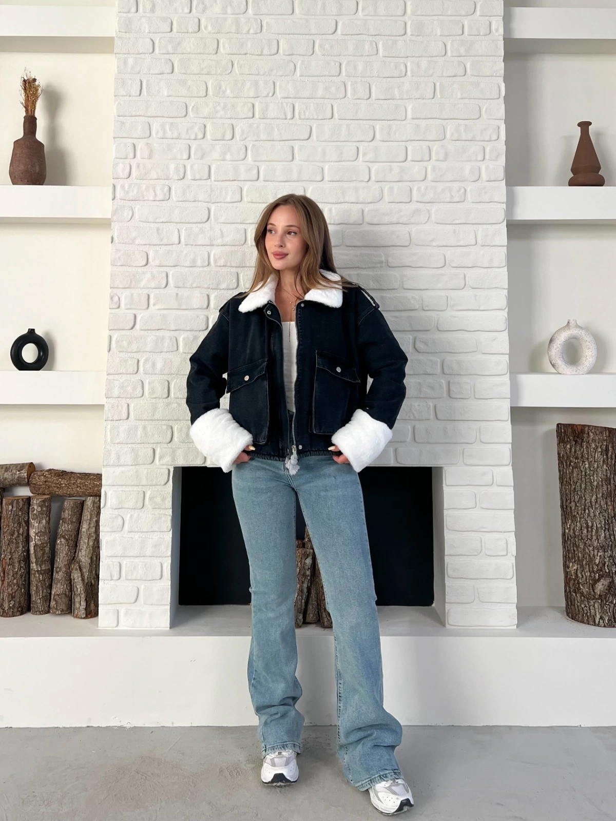 Cep Detaylı Peluş Denim Ceket Siyah
