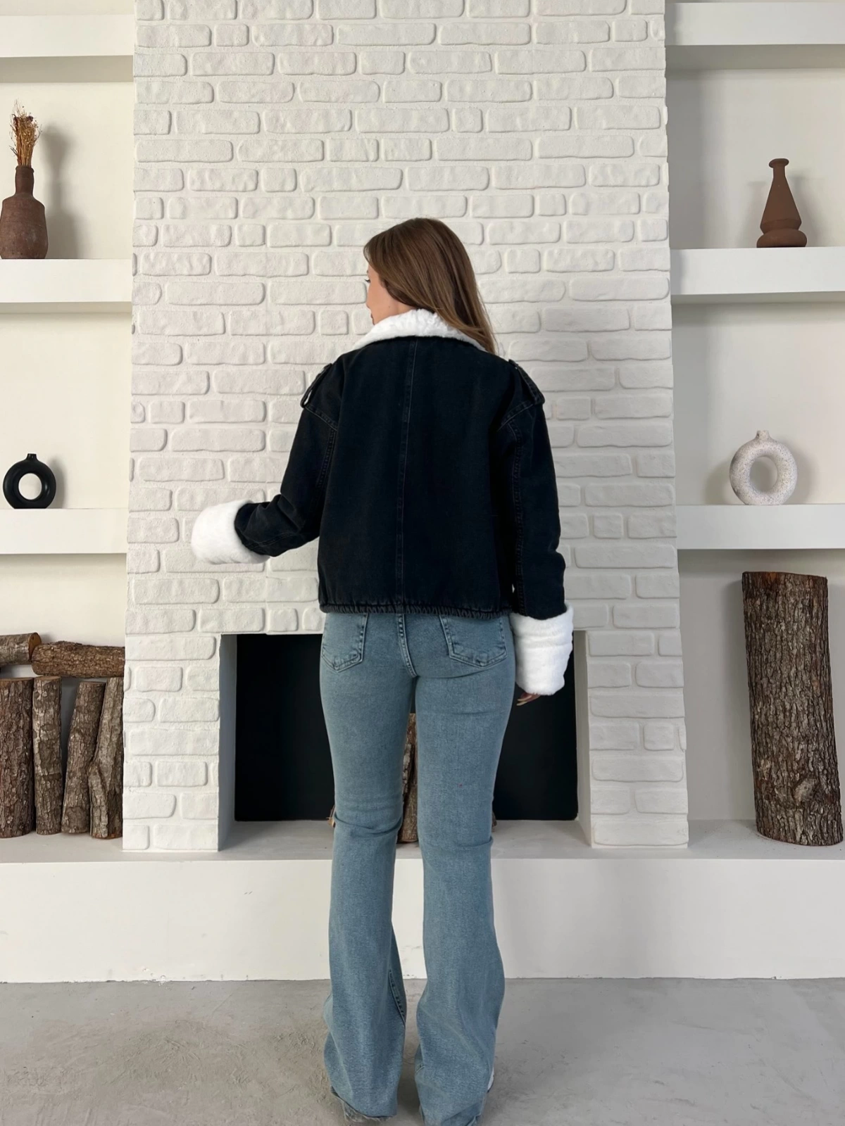 Cep Detaylı Peluş Denim Ceket Siyah