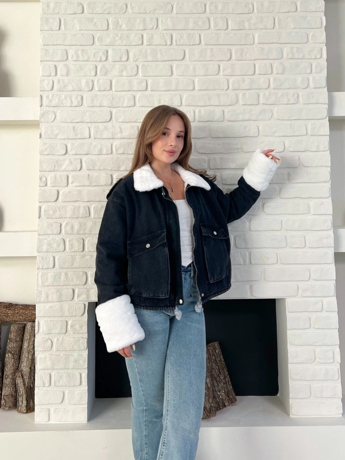 Cep Detaylı Peluş Denim Ceket Siyah