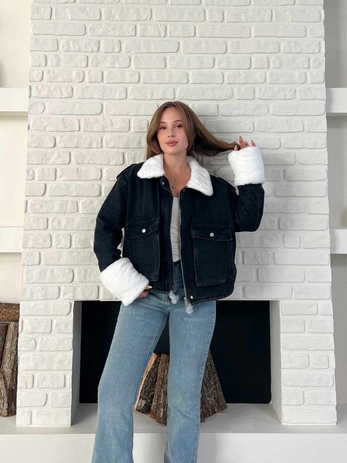 Cep Detaylı Peluş Denim Ceket Siyah