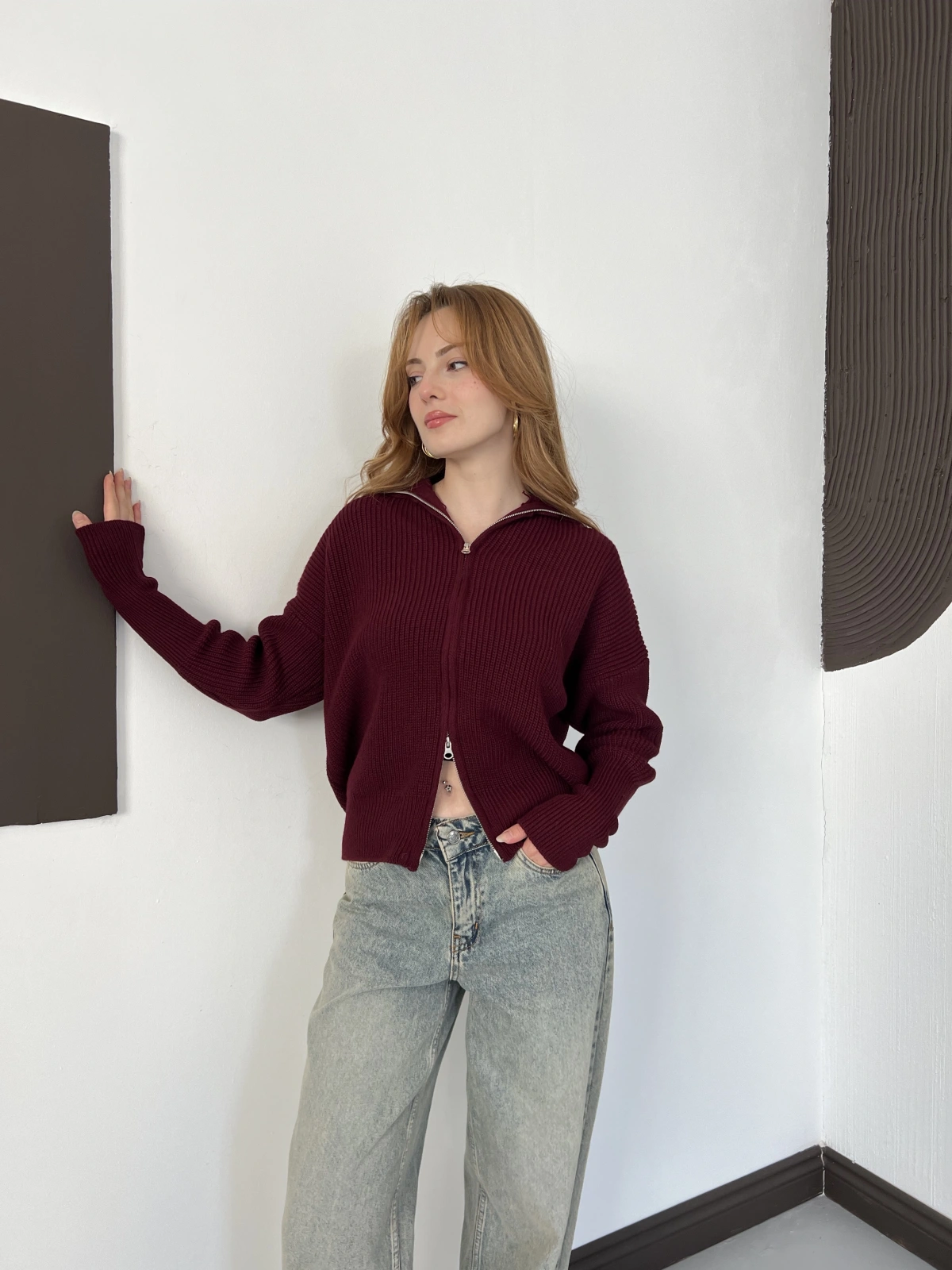 Çift Fermuar Detaylı Triko Hırka Bordo