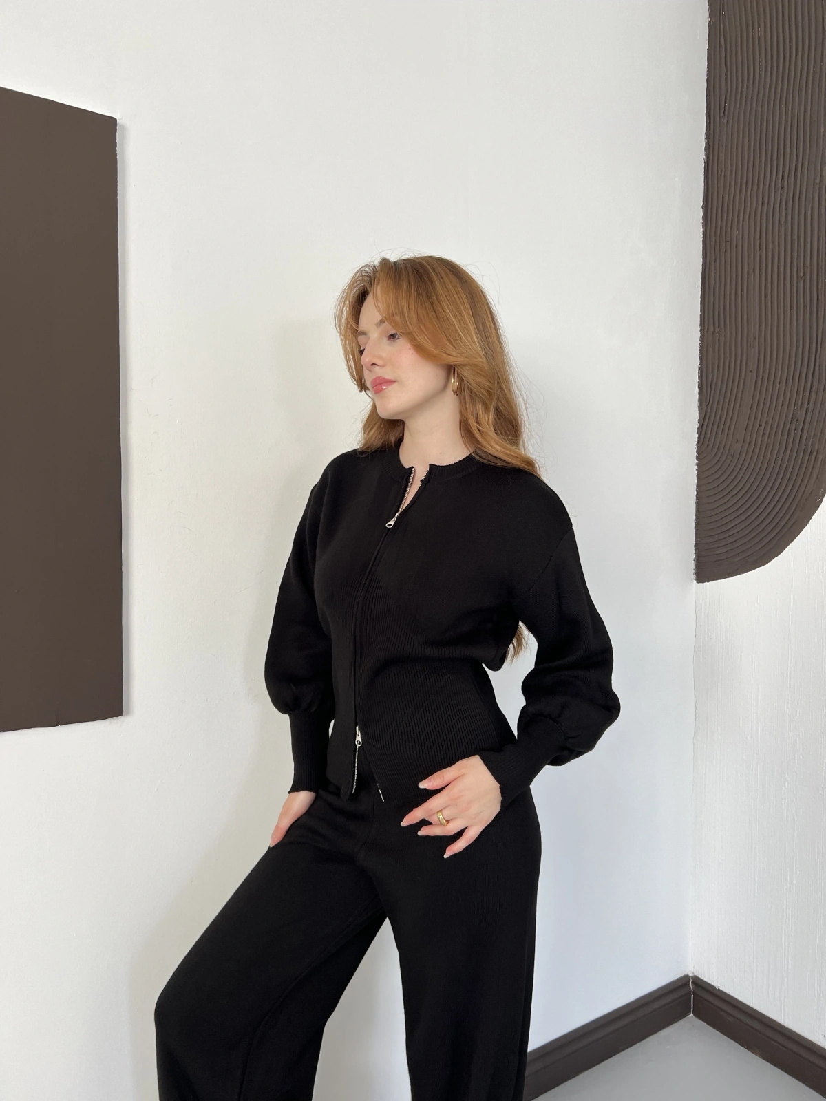 Çift Fermuar Detaylı Triko Takım Siyah