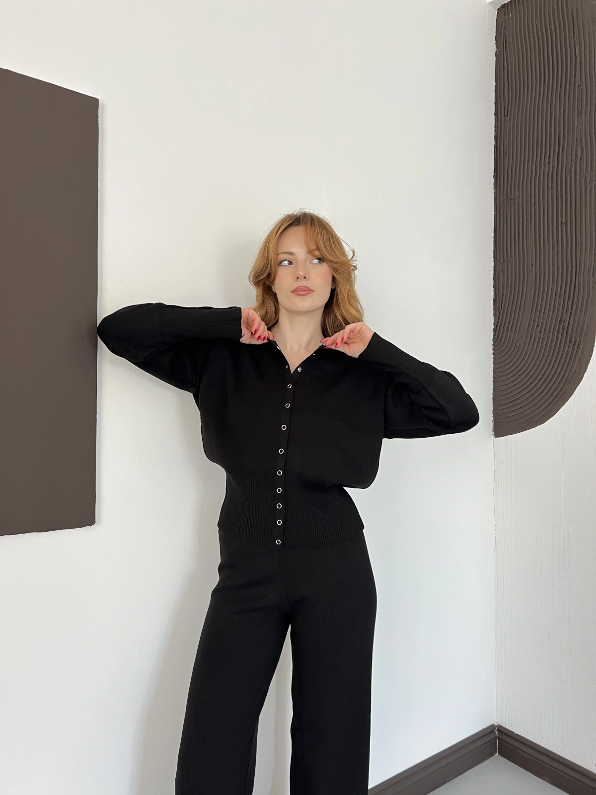 Çıtçıt Düğme Detaylı Triko Takım Siyah