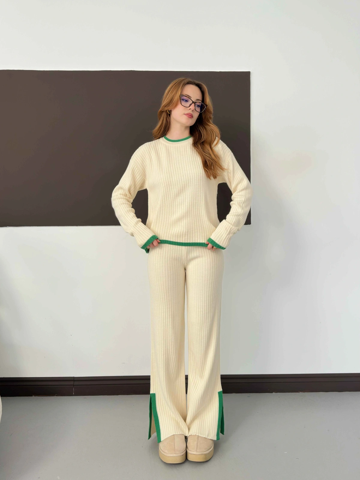 Çoban Dikiş Bluz-Pantolon Triko Takım Bej-Yeşil