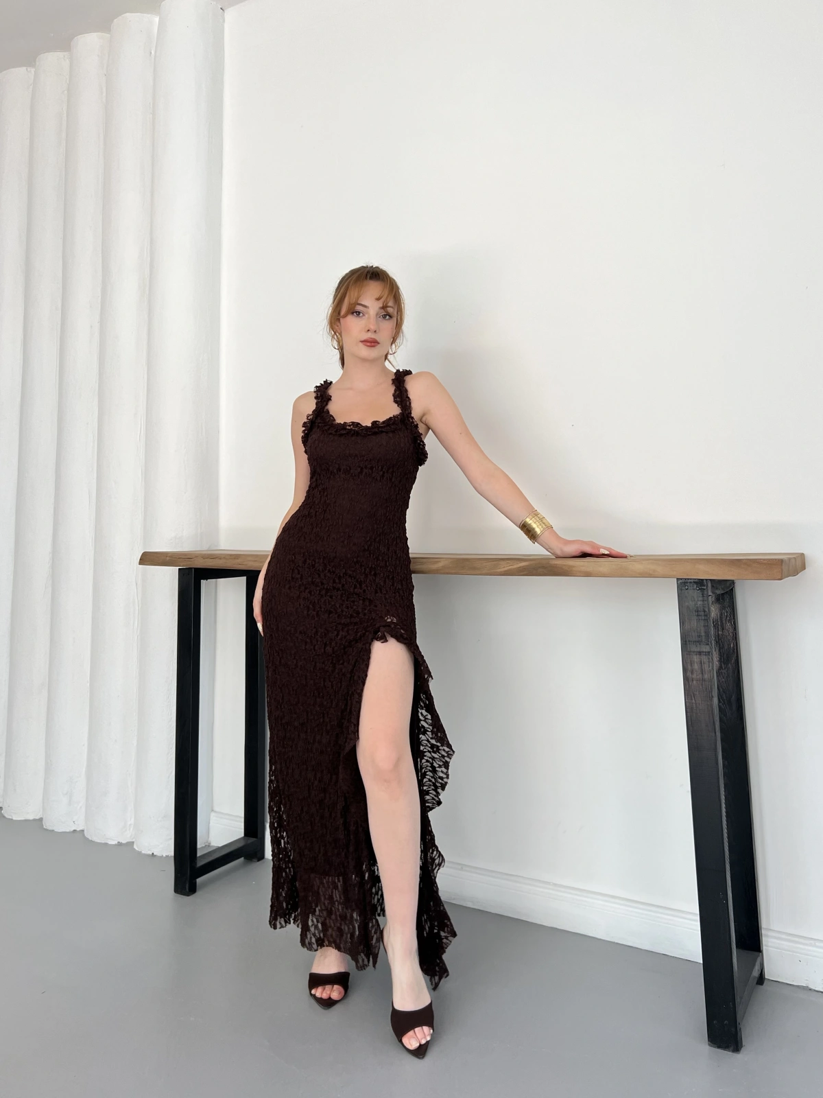 Dantelli Midi Elbise Kahve
