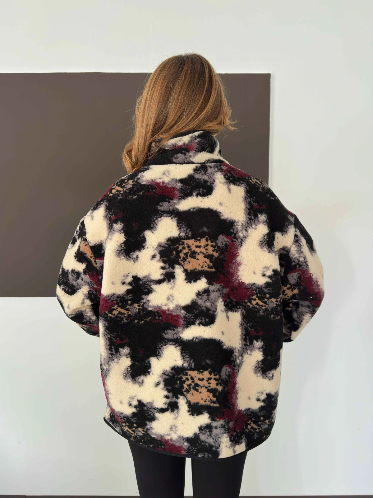 Desenli Peluş Polar Bej-Siyah-Bordo