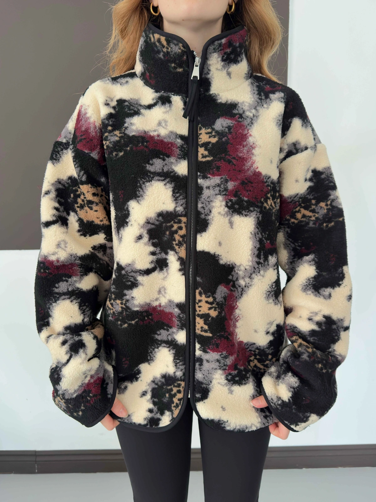 Desenli Peluş Polar Bej-Siyah-Bordo