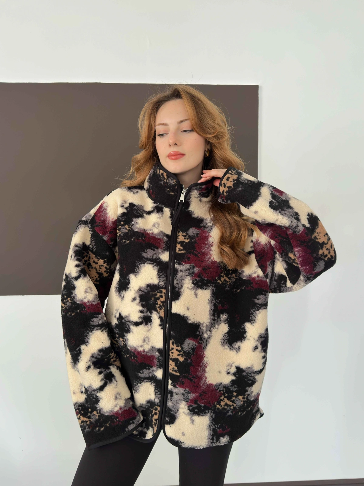 Desenli Peluş Polar Bej-Siyah-Bordo