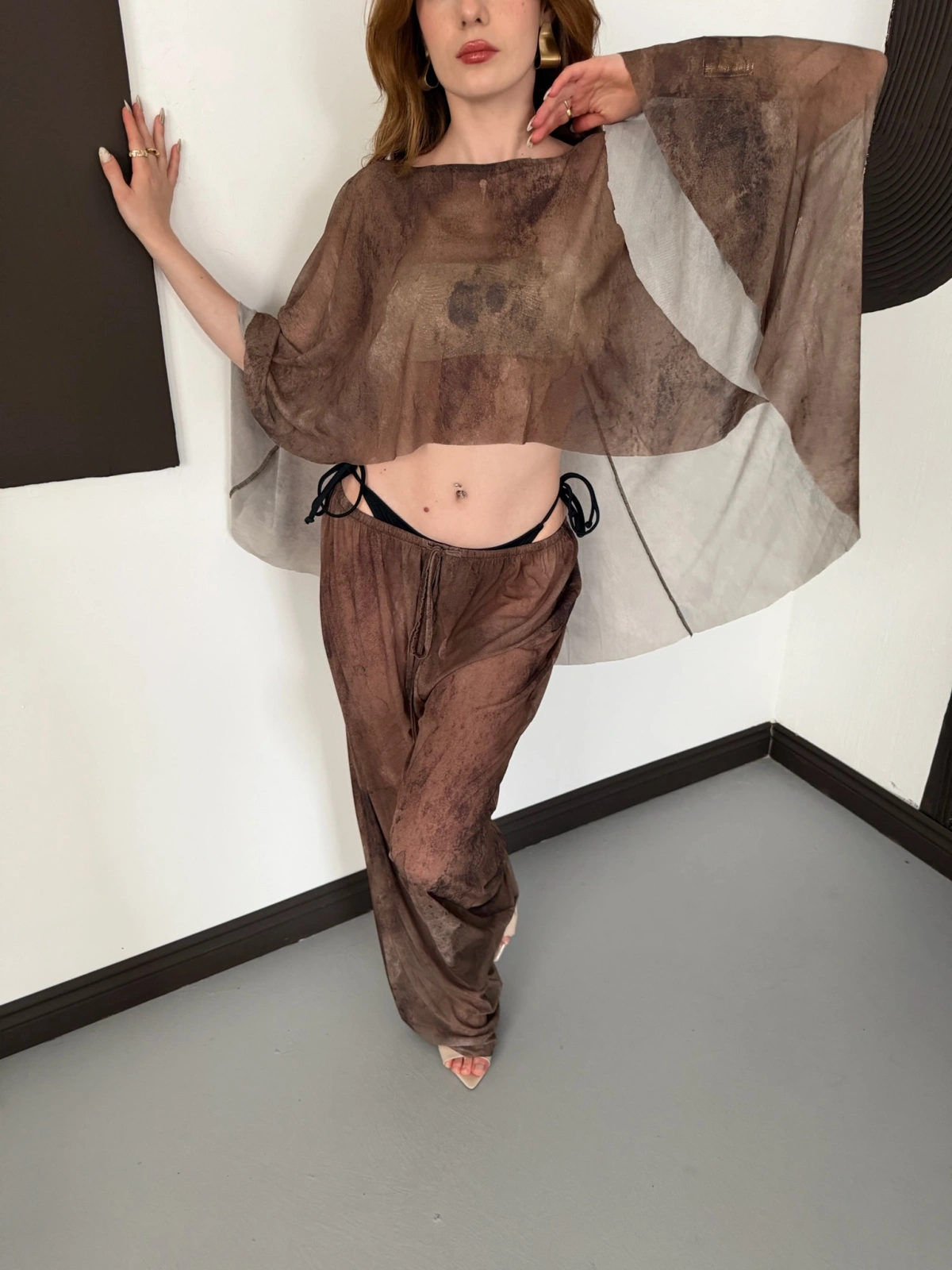 Dijital Baskı Asimetrik Bikini Üstü Takım Acıkahve