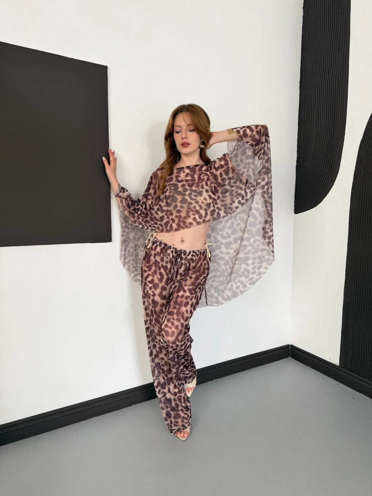 Dijital Baskı Asimetrik Bikini Üstü Takım Leopar