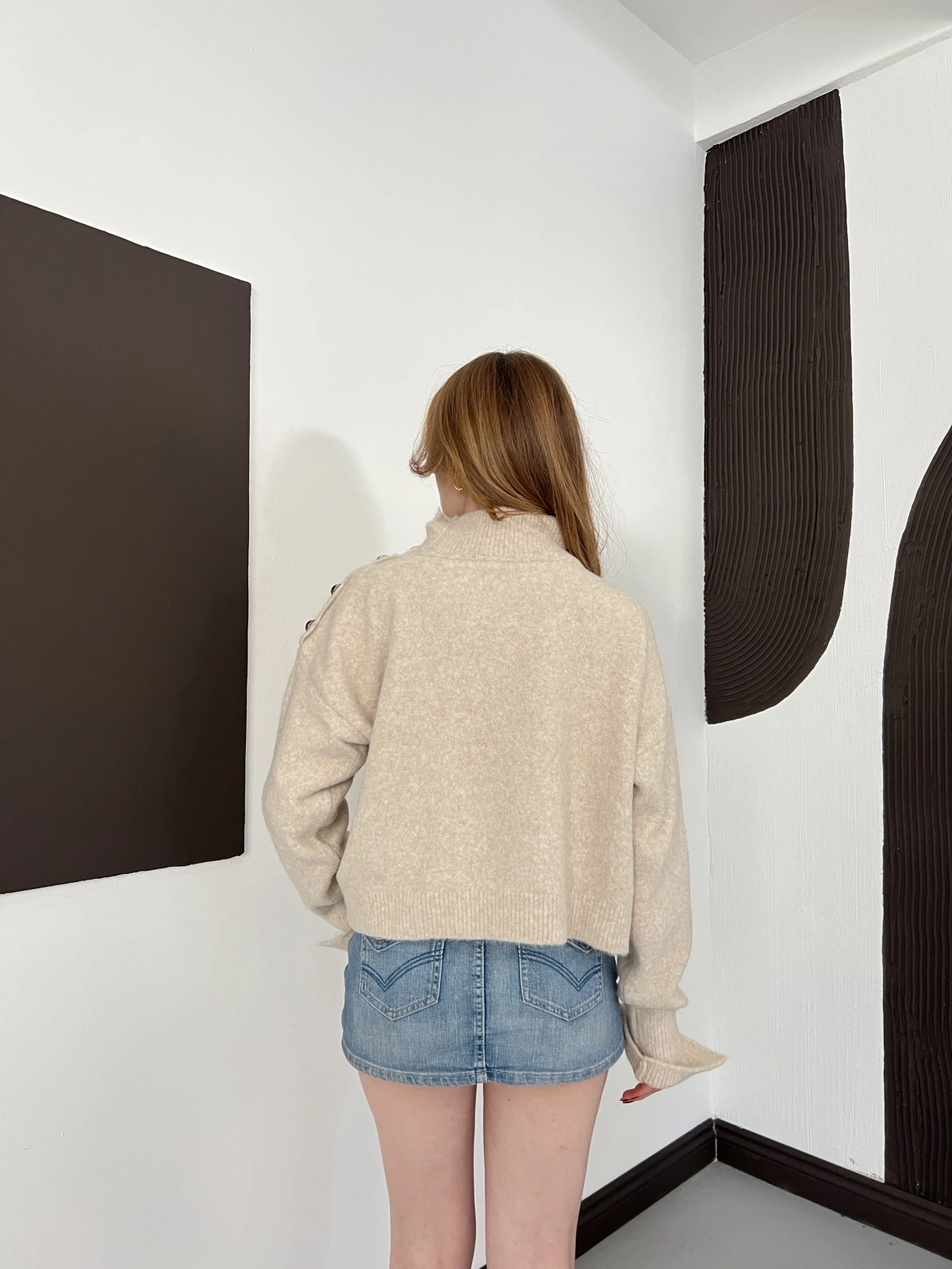 Dik Yaka Yumoş Oversize Crop Triko Kazak Bej