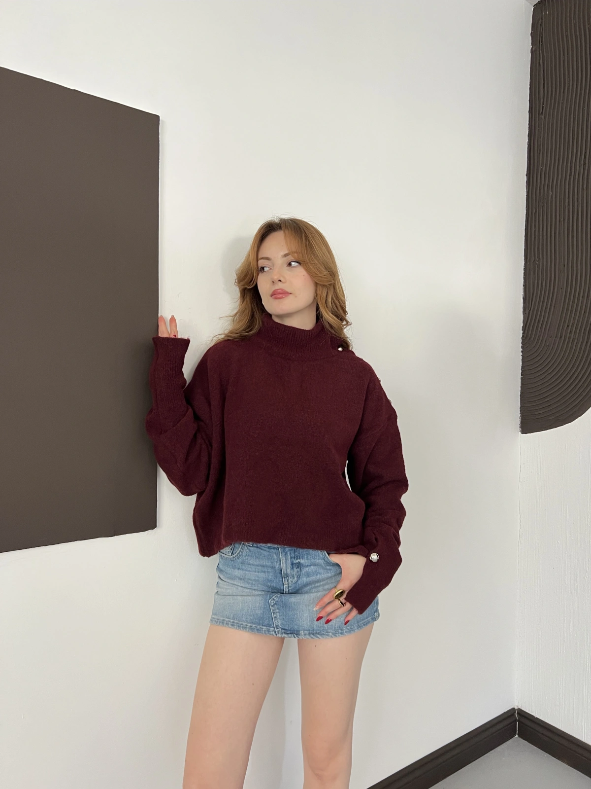 Dik Yaka Yumoş Oversize Crop Triko Kazak Bordo