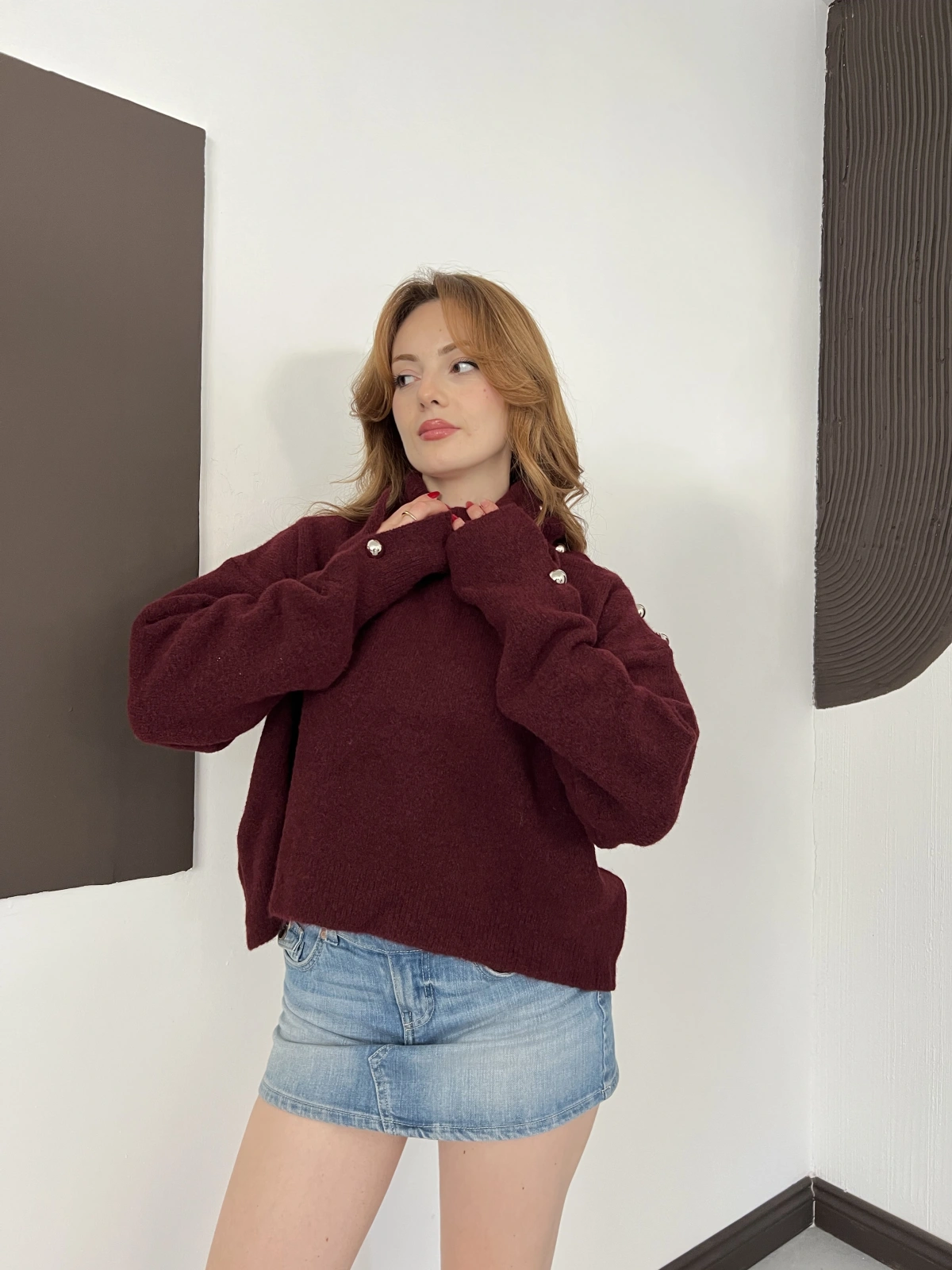 Dik Yaka Yumoş Oversize Crop Triko Kazak Bordo