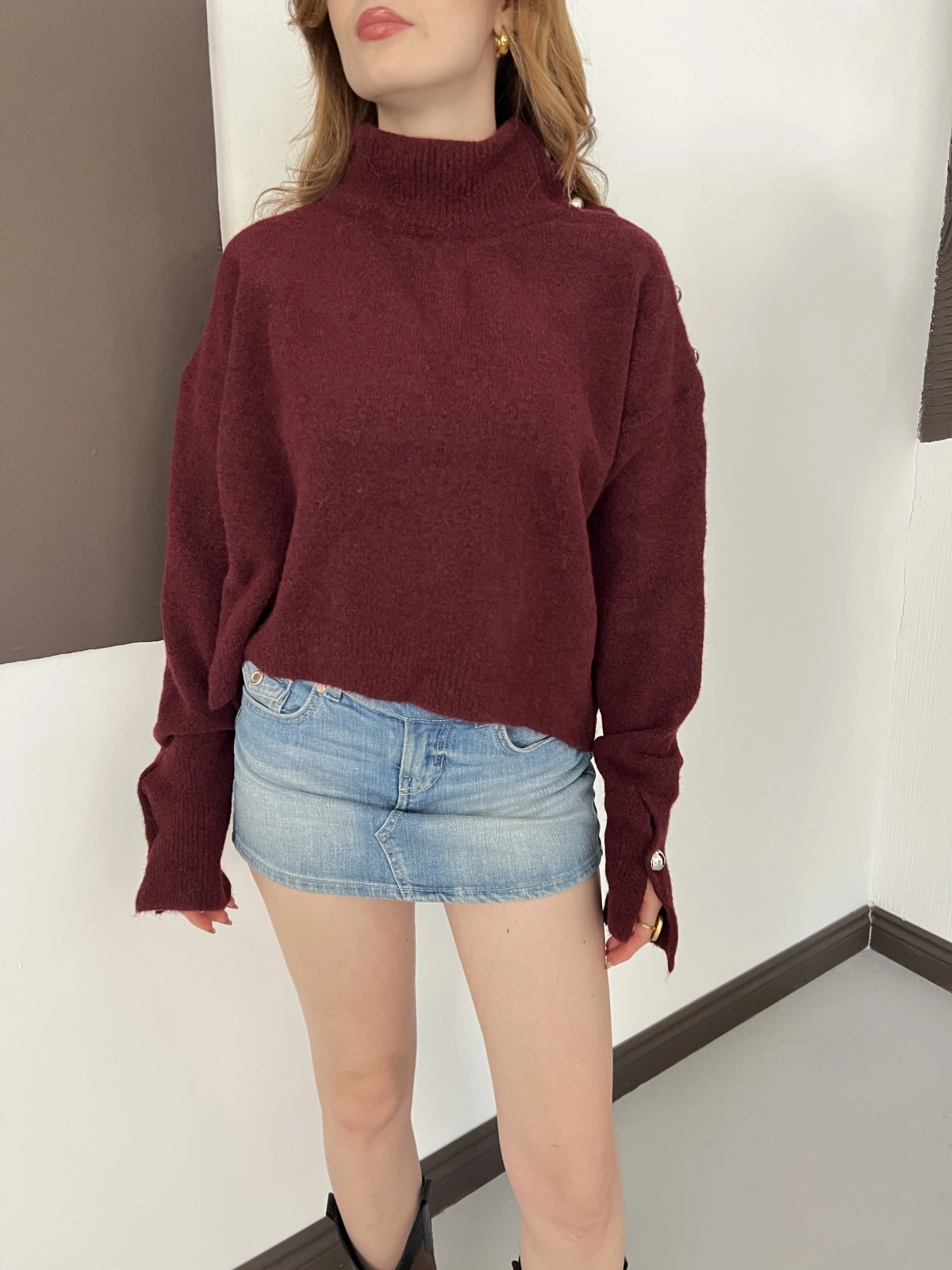 Dik Yaka Yumoş Oversize Crop Triko Kazak Bordo