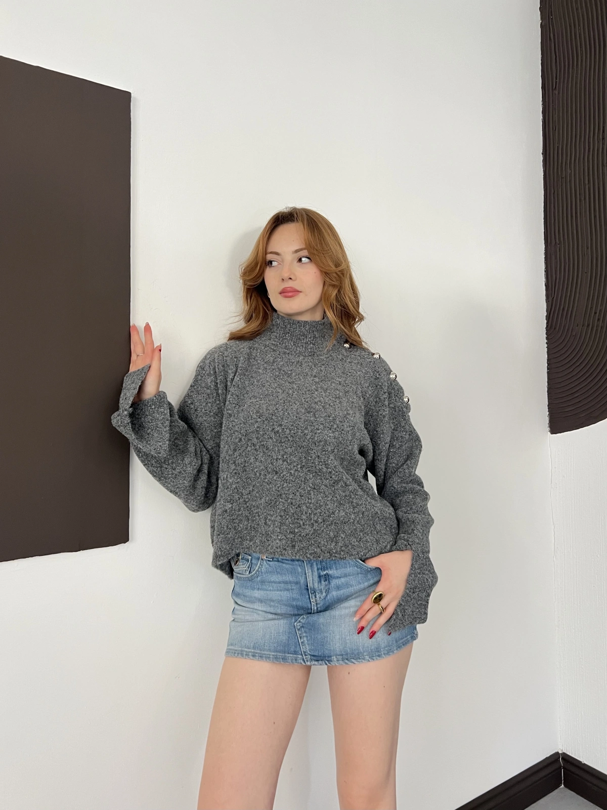 Dik Yaka Yumoş Oversize Crop Triko Kazak Gri
