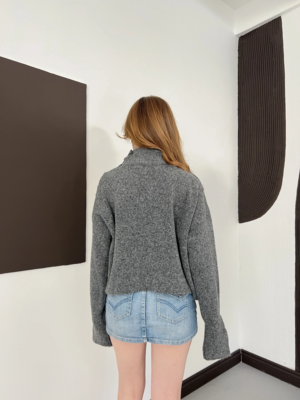Dik Yaka Yumoş Oversize Crop Triko Kazak Gri