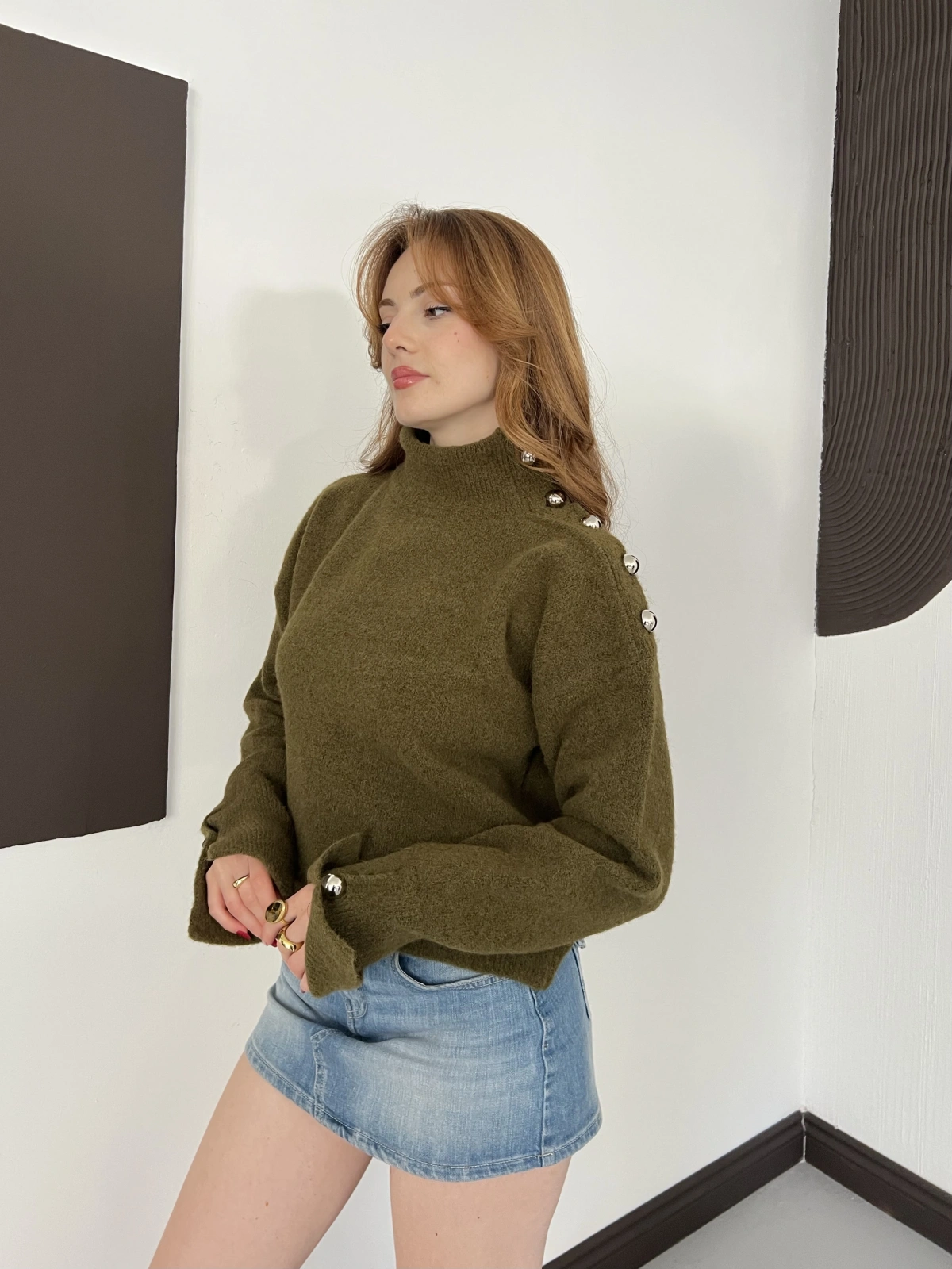 Dik Yaka Yumoş Oversize Crop Triko Kazak Haki