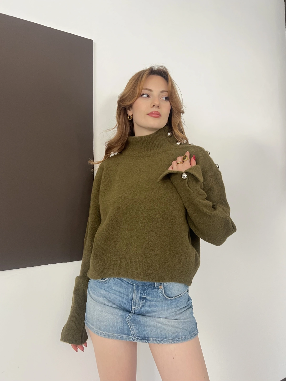 Dik Yaka Yumoş Oversize Crop Triko Kazak Haki